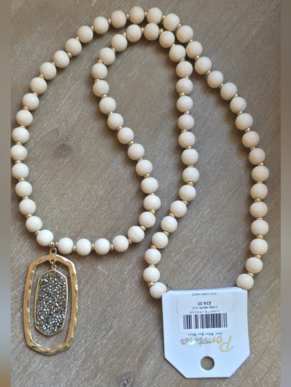 Premier Cream Beaded Necklace with Gold Hammered Pendant and Sparkle